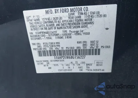 2011 Ford Taurus Sel from USA, damaged, VIN 1FAHP2EW6BG156227